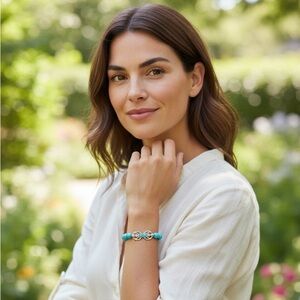 Turquoise & Silver Beaded Stretch Bracelet | Triple Moon Charm | Boho Jewelry#45